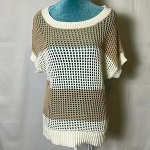 LOFT Striped Crochet Knit Short Sleeve Beachy Coastal Cottage Top